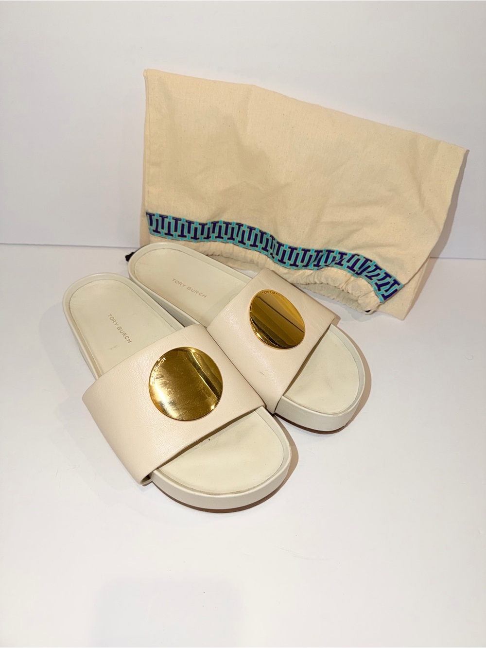 Tory Burch Patos Off White Leather Platform Slides Sandals, Sz 8M